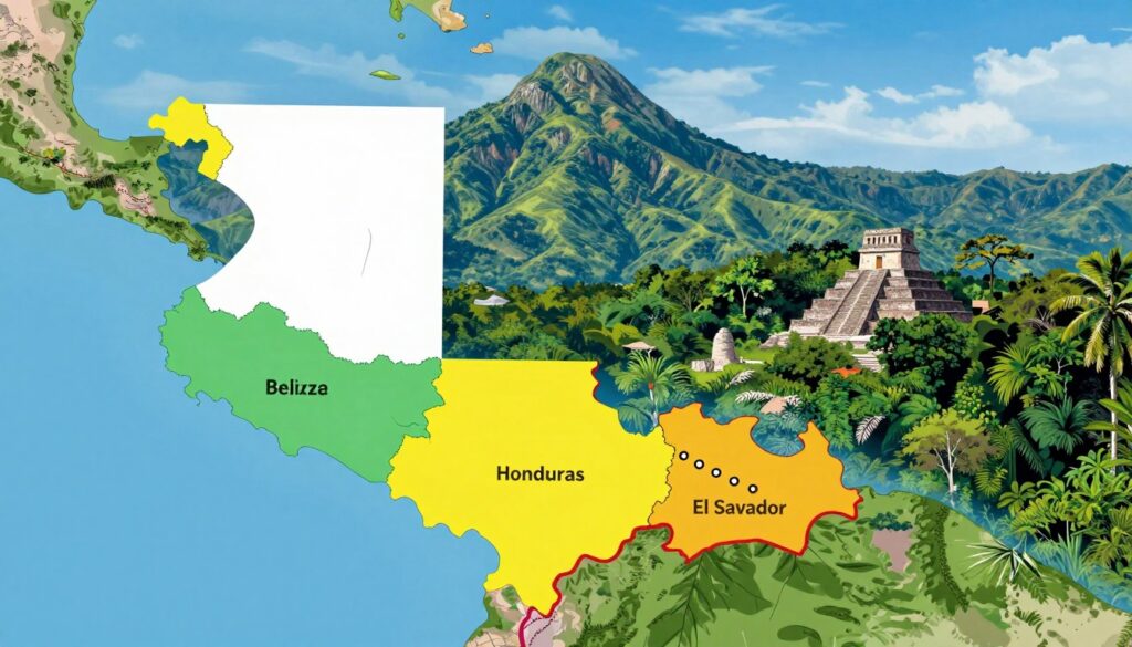 A vivid illustration of the borders of Guatemala, showcasing the country’s unique geographical features and its neighboring countries. In the foreground, a detailed map outlines Guatemala’s territory in vibrant colors, highlighting its borders with Belize, Mexico, Honduras, and El Salvador. In the middle, lush green mountains and dense jungles depict Guatemala's diverse landscape, with the silhouettes of the Maya ruins peeking through the trees. The background features a clear blue sky with soft, wispy clouds, enhancing the serenity of the scene. The lighting is bright and natural, emphasizing the richness of the land. The atmosphere is educational and engaging, inviting viewers to explore Guatemala's geographical significance in Central America.