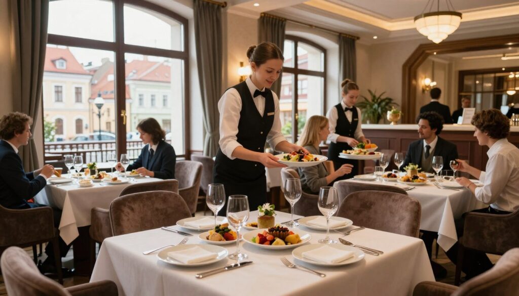 A welcoming hotel dining area elegantly designed, showcasing a luxurious restaurant setting. In the foreground, a beautifully arranged dining table with fine cutlery, sparkling glassware, and a colorful array of regional dishes typical of Lublin. In the middle, attentive staff in professional attire serving guests, reflecting a hospitable atmosphere. The background includes large windows with natural light flooding in, revealing a view of a charming Lublin streetscape. The overall mood is warm and inviting, emphasizing comfort and culinary delight. Soft ambient lighting enhances the cozy, upscale environment, captured at a slightly angled perspective to highlight both the dining experience and the hotel's elegant architecture. A welcoming hotel dining area elegantly designed, showcasing a luxurious restaurant setting. In the foreground, a beautifully arranged dining table with fine cutlery, sparkling glassware, and a colorful array of regional dishes typical of Lublin. In the middle, attentive staff in professional attire serving guests, reflecting a hospitable atmosphere. The background includes large windows with natural light flooding in, revealing a view of a charming Lublin streetscape. The overall mood is warm and inviting, emphasizing comfort and culinary delight. Soft ambient lighting enhances the cozy, upscale environment, captured at a slightly angled perspective to highlight both the dining experience and the hotel's elegant architecture.