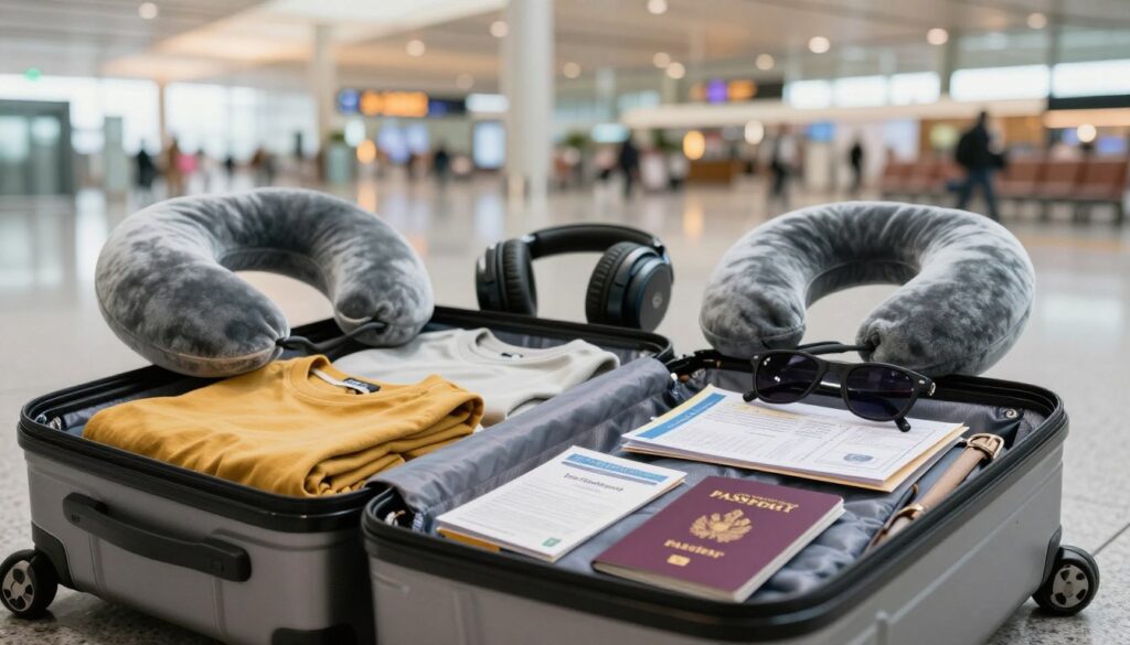 A well-organized travel scene showcasing a stylish suitcase and travel accessories. In the foreground, a modern, sleek suitcase is open, revealing neatly packed clothing and travel essentials like a passport, travel documents, and a pair of sunglasses. The middle ground features neatly arranged travel items such as a neck pillow and headphones, emphasizing comfort for the flight. In the background, a blurred airport setting conveys a sense of anticipation, with soft, warm lighting creating a welcoming atmosphere. The image captures a sense of preparation and excitement for an upcoming journey to Turkey from Warsaw, with an emphasis on organization and comfort. Use a wide-angle lens perspective to accentuate the detailed items in the foreground while maintaining a lively airport environment in the background.
