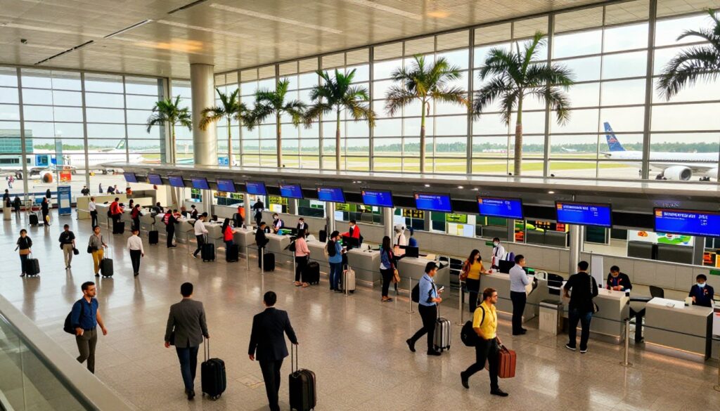 A wide-angle view of Suvarnabhumi Airport, showcasing its modern architecture and large glass facade reflecting the sunlight. In the foreground, a bustling scene with travelers pulling suitcases and looking at departure screens, dressed in business attire and comfortable casual clothing. In the middle, sleek, efficient check-in counters with airline staff assisting customers, and a diverse group of passengers exchanging greetings. In the background, tall, elegant palm trees lining the walkways, with planes parked at the gates and the expansive runway visible through the expansive windows. The atmosphere is vibrant and dynamic, filled with excitement and anticipation. The scene is lit by warm, natural sunlight, creating a welcoming ambiance for international travelers.