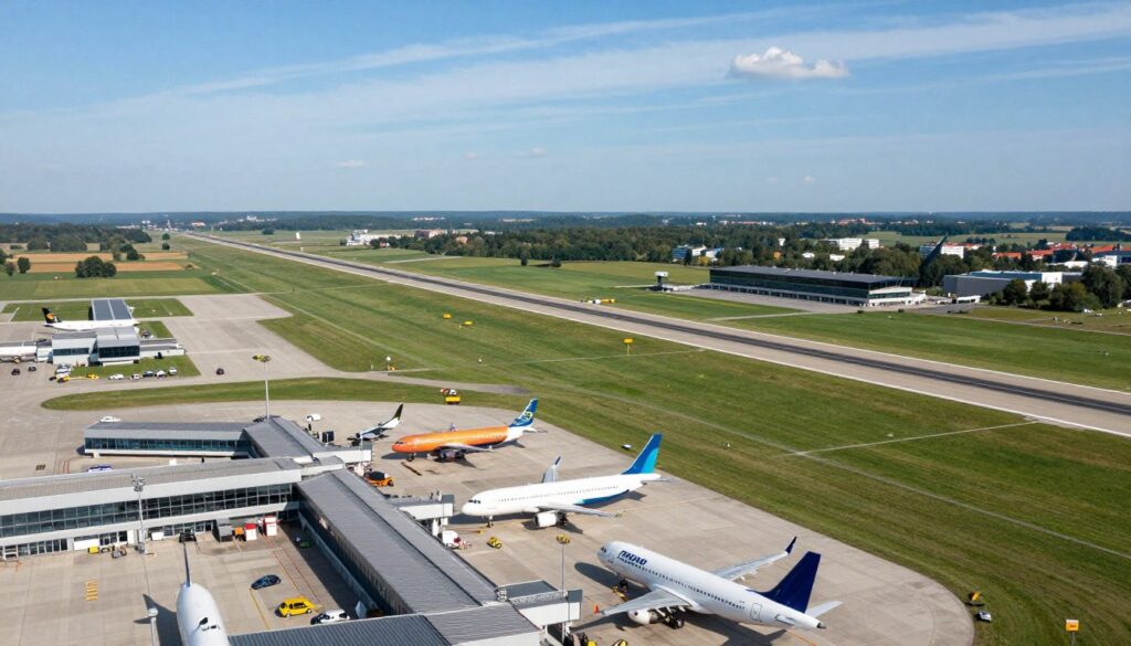 Aerial view of Warsaw-Radom Airport (RDO) surrounded by lush green fields and the runway extending elegantly into the distance. In the foreground, a few modern airplanes are parked at the terminal, displaying vibrant colors. The middle ground features airport buildings with sleek, contemporary architecture, while subtle signs of urban life, like distant cars and small clusters of trees, hint at the connection to the city center. The background shows a clear blue sky with a few wispy clouds, creating a peaceful atmosphere. The image should evoke a sense of travel and accessibility, with soft sunlight illuminating the scene, enhancing the professional tone. The perspective is slightly elevated, capturing the expansive scope of the airport in relation to its surroundings.
