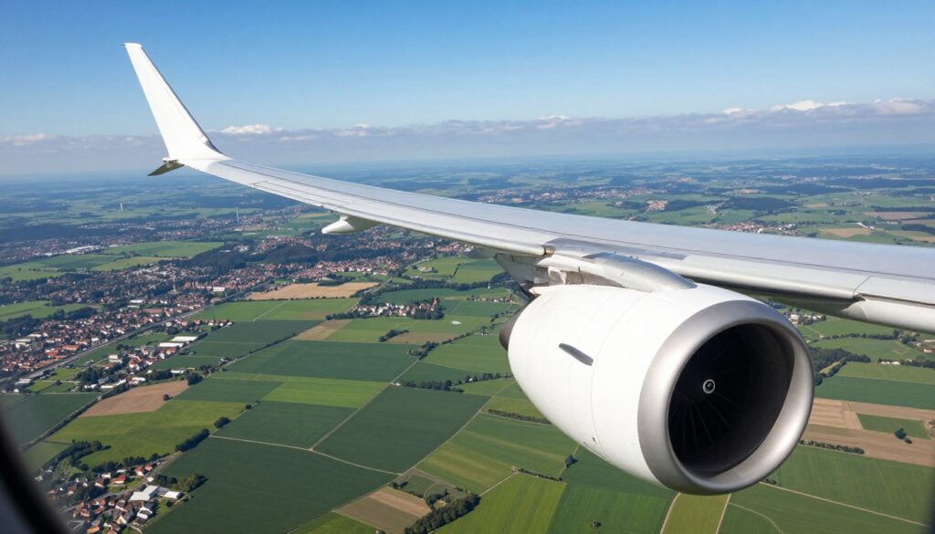 Aerial view of a commercial airplane flying above scenic landscapes as it travels from England to Poland. In the foreground, the airplane's wing stretches out prominently, showcasing the engine and wing structure in detail, glinting in the sunlight. The middle ground features a patchwork of vibrant green fields and urban areas beneath, symbolizing the transition from the English countryside to Polish cities. In the background, a clear blue sky fades into distant clouds, suggesting the journey ahead. The lighting is bright and natural, creating a sense of optimism and adventure. The overall mood conveys excitement and anticipation, perfectly illustrating the concept of flight duration without any distracting text or elements.