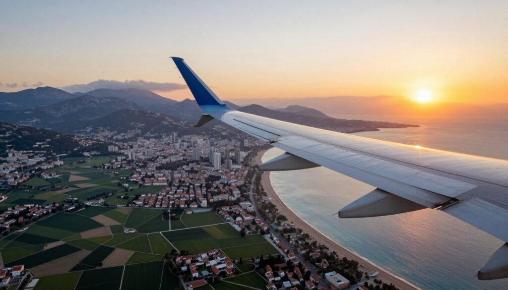Aerial view of an airplane cruising at high altitude, flying over a stunning landscape that transitions from the green fields of Katowice, Poland, into the clear blue waters and sunny beaches of Antalya, Turkey. In the foreground, the wing of the airplane is visible, highlighting the journey aspect. The middle ground features a picturesque blend of urban and natural scenery, with Katowice's skyline fading into the coastal beauty of Antalya. The background showcases a vibrant sunset or sunrise, casting warm golden hues over the horizon, evoking a sense of travel and adventure. Soft lighting enhances the allure, making the image feel inviting and serene, perfect for illustrating the journey from Katowice to Antalya.