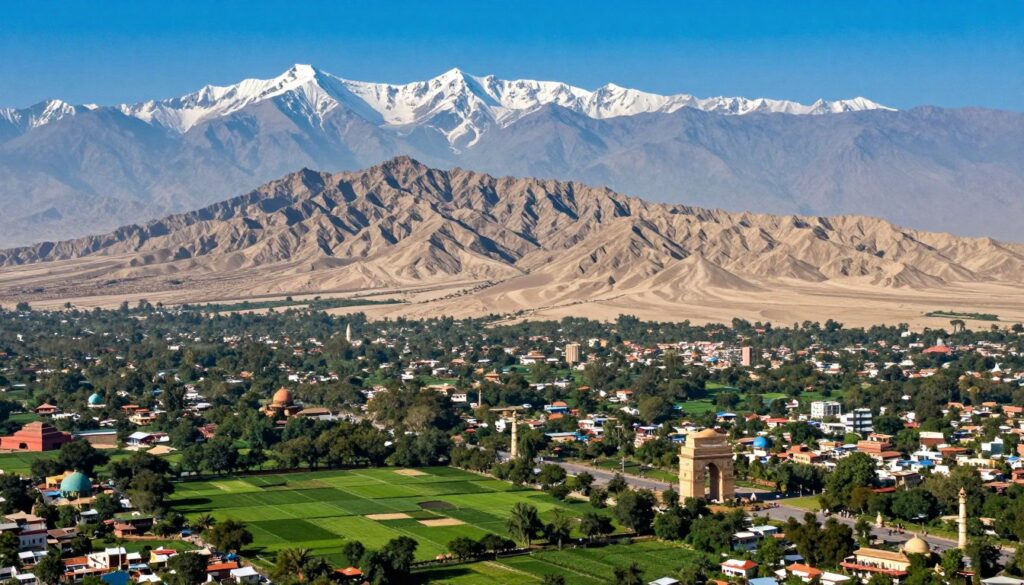 Aerial view of the vast landscape of India, showcasing the country's diverse geography. Foreground features lush green fields and bustling cities, such as New Delhi, with iconic landmarks like the India Gate. In the middle ground, the Aravalli Range and the Thar Desert create a dynamic contrast, illustrating the country's varying topography. The background displays the majestic Himalayas, their snow-capped peaks reaching into a clear blue sky. The lighting is bright and vivid, emphasizing the colors of the landscape under midday sun, with soft shadows adding depth to the scene. Capture the essence of India's scale and position on the world map, conveying a sense of wonder and geographical importance.