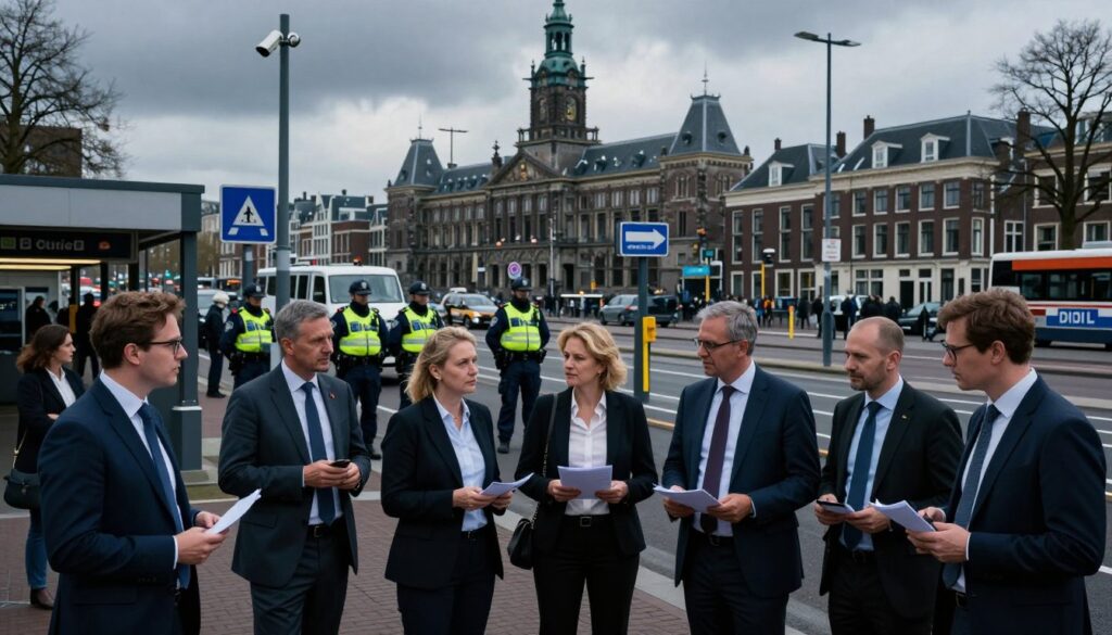 An urban landscape in a Dutch city, subtly illustrating systemic threats such as terrorism and security measures. In the foreground, a diverse group of professionals in business attire are engaged in a serious discussion, some holding documents and phones, reflecting a sense of urgency. The middle ground features police officers conducting a security check at a major public transport hub, with visible surveillance cameras and checkpoint signage. In the background, iconic Dutch architecture is silhouetted against a moody, overcast sky, reinforcing a tense atmosphere. The image is illuminated by soft, cool lighting, creating shadows that heighten the feeling of vigilance and caution, while the overall composition captures a blend of everyday life with an underlying tension regarding safety and security.