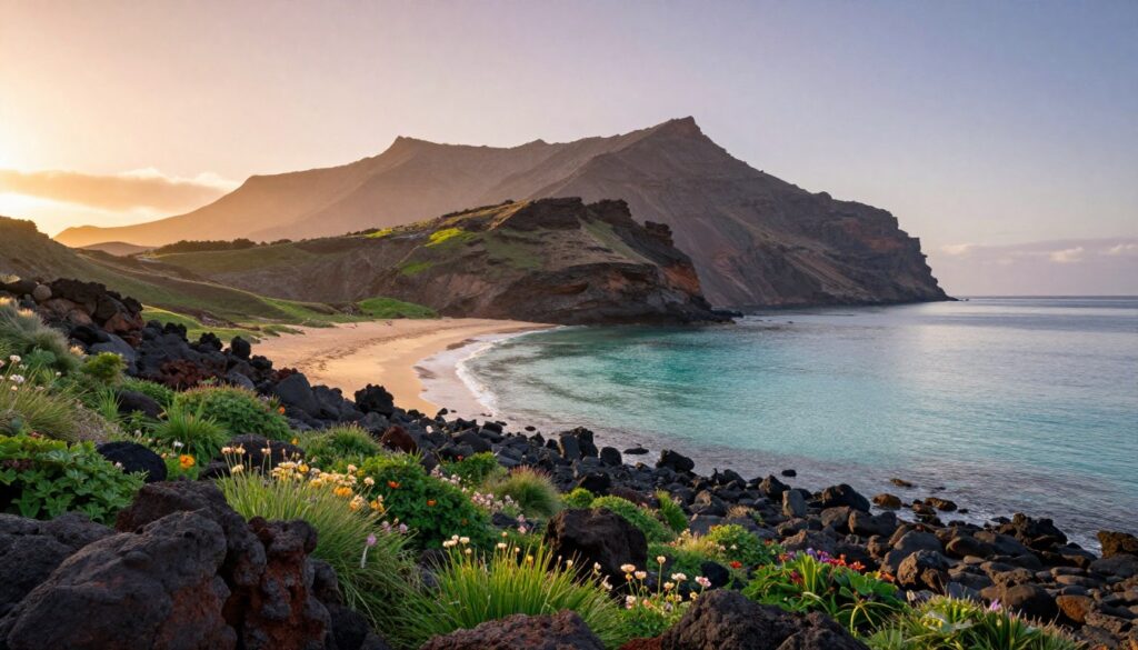 El Hierro and La Graciosa, two tranquil Canary Islands, captured in a scenic view. In the foreground, rugged volcanic rocks and lush green vegetation create a striking contrast, dotted with colorful wildflowers. The middle ground features the gentle undulations of La Graciosa's sandy beaches, leading to tranquil turquoise waters that reflect the sunlight. In the background, El Hierro rises dramatically with its steep cliffs, soaring peaks, and a soft mist that adds depth to the scene. The sky is painted with soft pastel colors of a late afternoon, casting a warm golden hue over the landscape, suggesting a calm and peaceful atmosphere ideal for relaxation. Use a wide-angle lens to fully capture the scale and beauty of this serene environment, with soft natural lighting to enhance the tranquil mood.