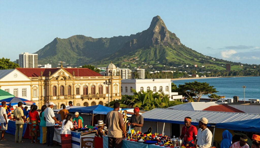 Port Louis, the capital city of Mauritius, nestled between lush green mountains and the vibrant blue of the Indian Ocean. In the foreground, capture the colorful market bustling with activity, showcasing local vendors and traditional Mauritian handicrafts, while people in modest clothing interact and engage. The middle ground features iconic colonial buildings with intricate architectural details, blending the rich history of the island with modern elements. In the background, the majestic Le Pouce Mountain rises against a clear, sunny sky, adding depth to the scene. Soft, warm lighting illuminates the scene, creating a lively atmosphere that reflects the culture and vibrancy of Port Louis. Use a wide-angle lens to provide a comprehensive view, ensuring the beautiful coastline is also visible, enhancing the allure of Mauritius.
