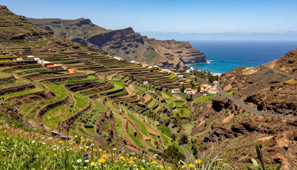 Vibrant landscape of Gran Canaria, showcasing its diverse geography. In the foreground, depict lush green valleys filled with wildflowers and rugged mountain terrain. Transition to the middle ground with terraced fields, traditional Canarian architecture, and winding roads. In the background, illustrate dramatic cliffs along the coastline with turquoise waters crashing against the rocks under a clear blue sky. Use soft, warm lighting to evoke a serene, inviting atmosphere, capturing the essence of Gran Canaria as a "continent in miniature." The angle should provide a panoramic view that highlights the island's unique features and contrasts. Aim for a peaceful, picturesque scene that embodies the rich variety of landscapes.