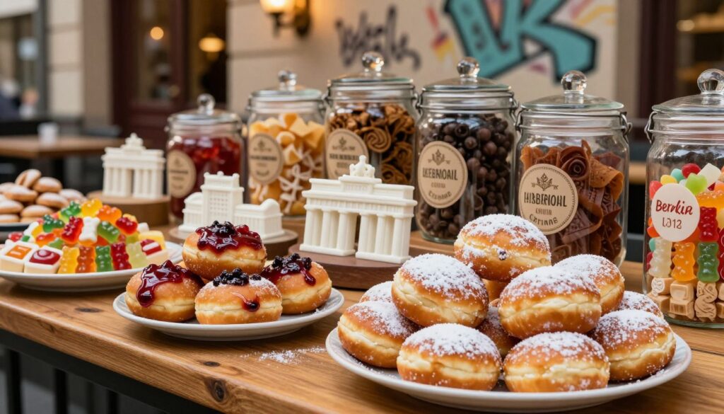 A beautiful tabletop display of Berliner sweets, showcasing an assortment of traditional German candies and pastries, such as Berliner doughnuts filled with jam, marzipan treats shaped like iconic Berlin landmarks, and colorful gummy bears. The foreground features a vibrant plate of freshly baked Berliner pastries, dusted with powdered sugar, glistening under soft, warm lighting. In the middle, a wooden table enhances the rustic charm, surrounded by artisanal candy jars filled with various local confections. The background reveals a soft-focus view of a classic Berlin café, with subtle hints of graffiti art on the walls, creating an urban ambiance. The overall mood is warm and inviting, capturing the unique character of Berlin's sweet culture. No text or branding elements. A beautiful tabletop display of Berliner sweets, showcasing an assortment of traditional German candies and pastries, such as Berliner doughnuts filled with jam, marzipan treats shaped like iconic Berlin landmarks, and colorful gummy bears. The foreground features a vibrant plate of freshly baked Berliner pastries, dusted with powdered sugar, glistening under soft, warm lighting. In the middle, a wooden table enhances the rustic charm, surrounded by artisanal candy jars filled with various local confections. The background reveals a soft-focus view of a classic Berlin café, with subtle hints of graffiti art on the walls, creating an urban ambiance. The overall mood is warm and inviting, capturing the unique character of Berlin's sweet culture. No text or branding elements.