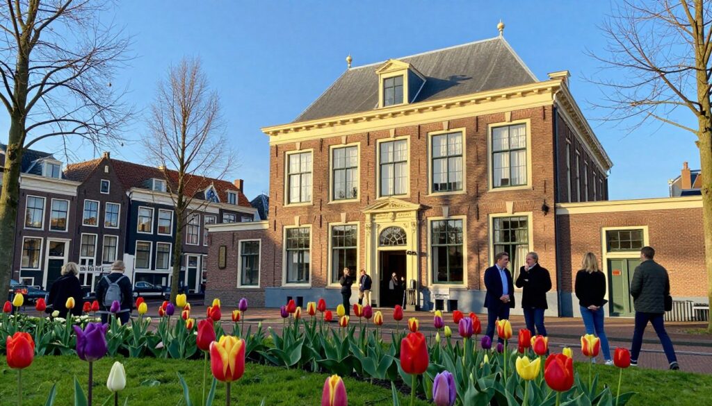 A beautiful view of the Haarlem Museum, set against a clear blue sky. In the foreground, vibrant tulips bloom in a well-tended garden, their colors contrasting against the classic brick architecture of the museum. In the middle ground, the entrance to the museum is visible, with people dressed in smart casual attire admiring the structure and engaging in thoughtful conversation. In the background, traditional Dutch houses line the street, reflecting the historical charm of Haarlem. The lighting is warm and inviting, casting soft shadows that enhance the details of the museum’s facade. The atmosphere is peaceful and culturally rich, showcasing the beauty of Dutch heritage.