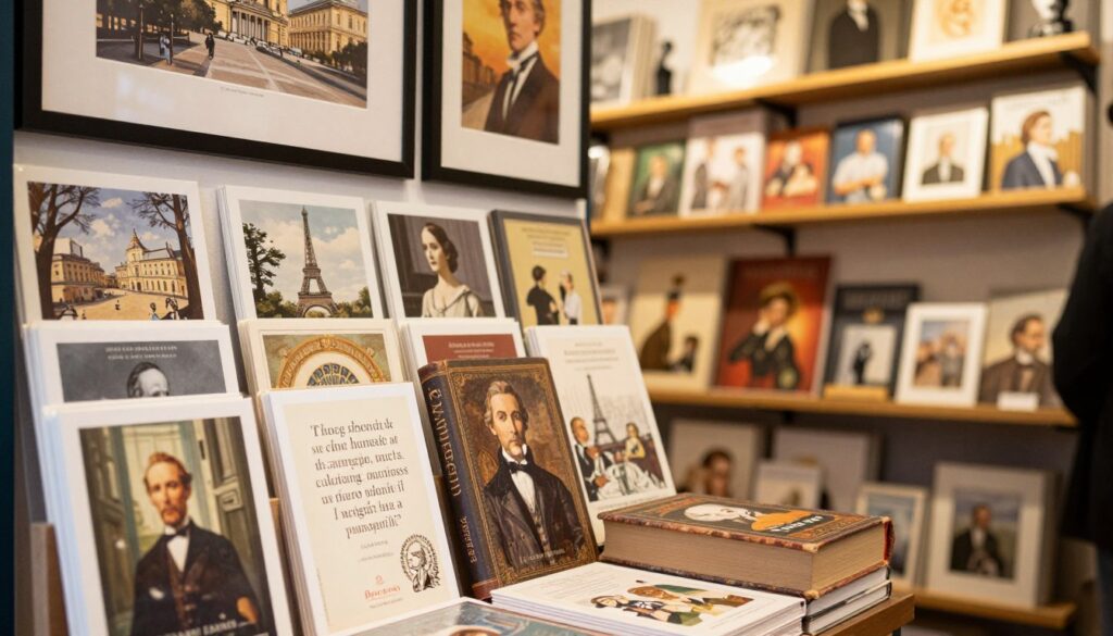A beautifully arranged art and literature souvenir display in a cozy Parisian shop. In the foreground, elegant postcards featuring famous artworks and classic literary quotes are artistically stacked, alongside a vintage book with a richly textured cover. In the middle, a variety of unique art prints are framed on the wall, showcasing iconic Parisian landmarks and well-known literary figures. The background features soft, warm lighting that creates an inviting atmosphere, with shelves lined with beautifully designed art books and small sculptures. The scene has a nostalgic charm, reminiscent of Paris's artistic spirit, inviting art and literature enthusiasts to explore the treasures within. The angle is slightly tilted to capture both the vivid details in the foreground and the overall ambiance of the shop. A beautifully arranged art and literature souvenir display in a cozy Parisian shop. In the foreground, elegant postcards featuring famous artworks and classic literary quotes are artistically stacked, alongside a vintage book with a richly textured cover. In the middle, a variety of unique art prints are framed on the wall, showcasing iconic Parisian landmarks and well-known literary figures. The background features soft, warm lighting that creates an inviting atmosphere, with shelves lined with beautifully designed art books and small sculptures. The scene has a nostalgic charm, reminiscent of Paris's artistic spirit, inviting art and literature enthusiasts to explore the treasures within. The angle is slightly tilted to capture both the vivid details in the foreground and the overall ambiance of the shop.