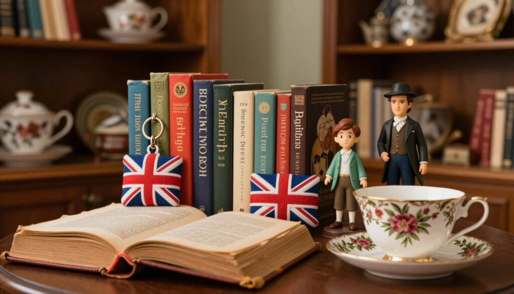 A beautifully arranged collection of British memorabilia reflecting pop culture and literature. In the foreground, a vintage-style book with a worn leather cover, its pages slightly open, beside a delicate porcelain tea cup and saucer with intricate floral designs. In the middle ground, iconic items such as a Union Jack-themed keychain, a colorful array of popular British literature books, and collectible figurines of famous literary characters. The background features a cozy, softly lit British tea room with wooden shelves lined with more books and memorabilia, casting warm, inviting shadows. The mood is nostalgic and charming, inviting viewers to explore the world of British culture. The image should be captured through a soft-focus lens, creating an intimate atmosphere without any text or logos.