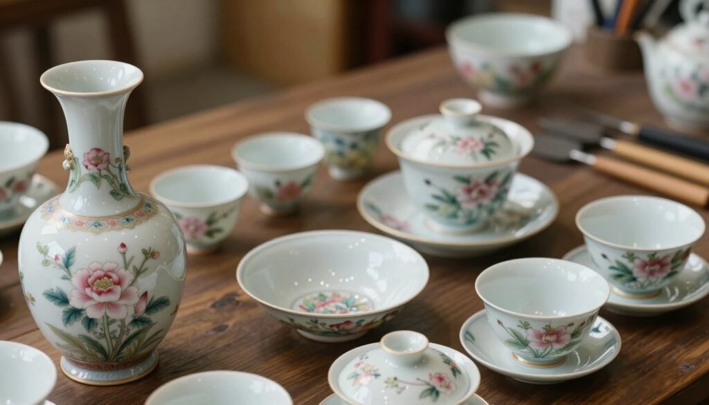 A beautifully arranged collection of exquisite porcelain pieces showcasing intricate hand-painted designs and delicate craftsmanship. The foreground features a detailed close-up of an ornate porcelain vase adorned with floral patterns in soft pastels. In the middle, a beautifully crafted tea set with elegant cups and a teapot, reflecting light with a glossy finish. The background displays a softly blurred artisan workshop filled with tools and raw materials, providing a warm, inviting ambiance. The scene is illuminated with soft, natural light, creating a serene and sophisticated mood. Capture this tranquil atmosphere through a slightly overhead angle to emphasize the artistry and elegance of the porcelain items while drawing attention to their exquisite details.