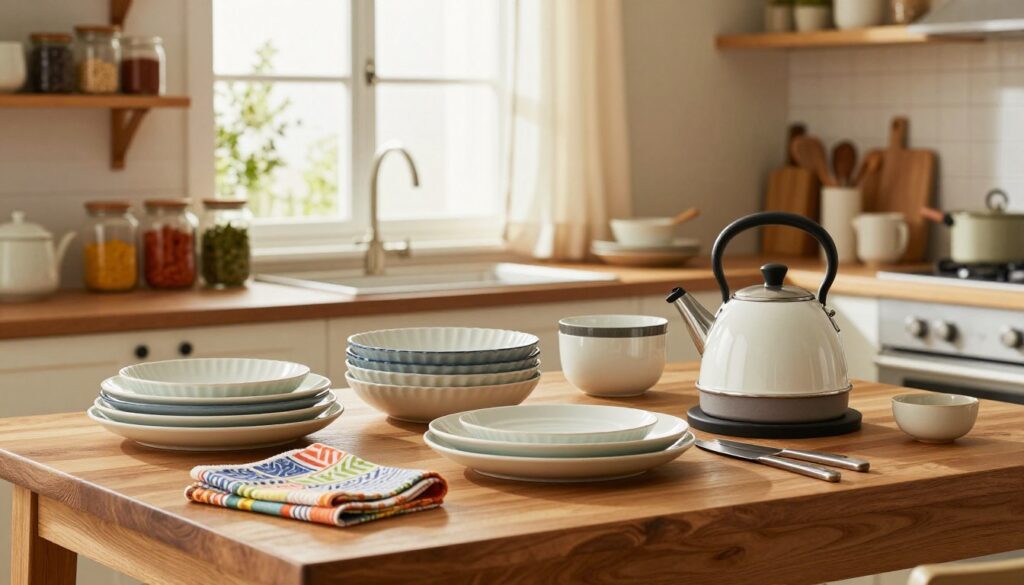 A beautifully arranged collection of high-quality home accessories and kitchenware, prominently featuring elegant ceramic dishes, sturdy cookware, and stylish utensils. The foreground includes a polished wooden table holding an aesthetically pleasing selection of a modern kettle, colorful dish towels, and a set of stainless-steel knives. In the middle, a cozy kitchen scene unfolds with well-organized shelves displaying glass jars filled with spices and herbs. The background highlights a softly lit window with delicate curtains, allowing warm sunlight to bathe the room, creating an inviting atmosphere. The image is taken from a slightly elevated angle, with a focus on the intricate textures and designs of the kitchen accessories. The overall mood is warm, homey, and sophisticated, perfect for showcasing premium kitchen essentials.