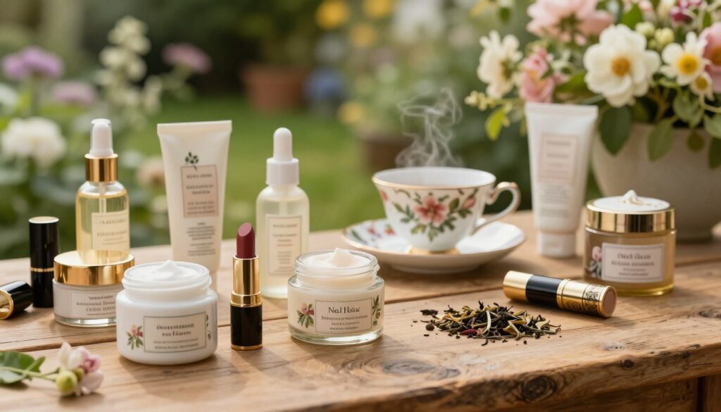 A beautifully arranged display of British cosmetics and skincare products on a rustic wooden table, capturing the essence of traditional British charm. In the foreground, elegant jars of creams and serums with floral designs, alongside vintage-style lipstick tubes. The middle ground features a delicate porcelain teacup and saucer, surrounded by fragrant herbal tea leaves, adding a cozy feel. In the background, a softly blurred view of a lush garden with blooming flowers, hinting at natural ingredients. Warm golden lighting filters through, creating an inviting and serene atmosphere. Use a shallow depth of field to focus on the cosmetics while keeping the background slightly out of focus, emphasizing the theme of beauty and self-care in a British context.