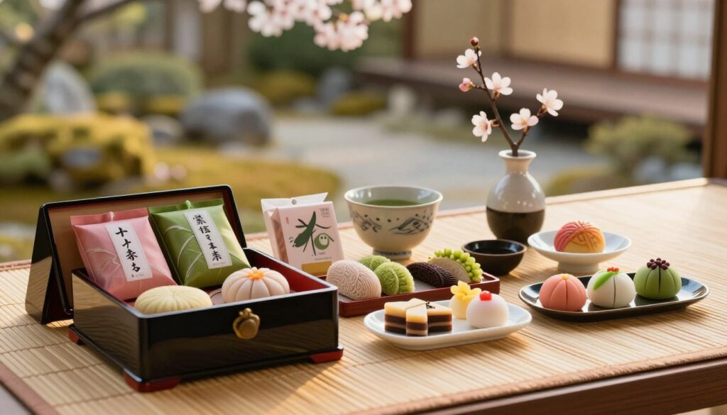 A beautifully arranged display of Japanese souvenirs symbolizing the country's rich culture and delicacies. In the foreground, a traditional lacquered box, partially open, reveals an assortment of elegantly packaged matcha tea, delicate rice crackers, and artisanal sweets. Each item is meticulously crafted, showcasing vibrant colors and intricate designs. The middle ground features a soft bamboo mat, enhancing the natural aesthetic, alongside subtle decorative elements like a small vase with cherry blossoms, adding a touch of serenity. The background gently fades into a blurred, traditional Japanese garden, bathed in warm, golden afternoon sunlight, creating a peaceful and inviting atmosphere. Shot with a shallow depth of field to emphasize the beauty of the items while maintaining a soft focus on the garden, evoking the essence of Japan's unique flavors and aesthetics. A beautifully arranged display of Japanese souvenirs symbolizing the country's rich culture and delicacies. In the foreground, a traditional lacquered box, partially open, reveals an assortment of elegantly packaged matcha tea, delicate rice crackers, and artisanal sweets. Each item is meticulously crafted, showcasing vibrant colors and intricate designs. The middle ground features a soft bamboo mat, enhancing the natural aesthetic, alongside subtle decorative elements like a small vase with cherry blossoms, adding a touch of serenity. The background gently fades into a blurred, traditional Japanese garden, bathed in warm, golden afternoon sunlight, creating a peaceful and inviting atmosphere. Shot with a shallow depth of field to emphasize the beauty of the items while maintaining a soft focus on the garden, evoking the essence of Japan's unique flavors and aesthetics.