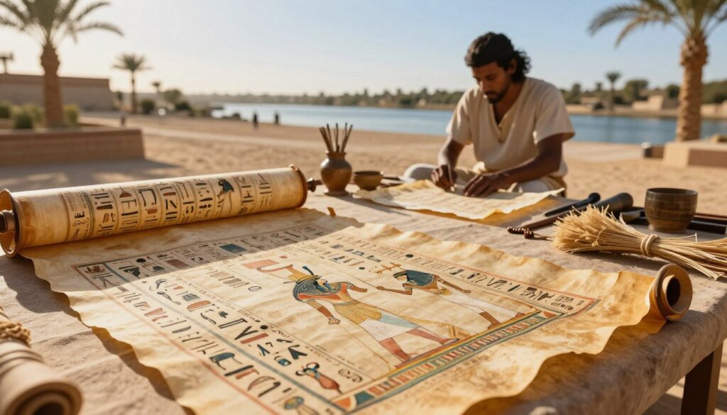 A beautifully arranged display of ancient Egyptian papyrus scrolls, showcasing intricate hieroglyphics and colorful illustrations in the foreground. The papyrus is delicate yet vibrant, capturing the essence of ancient art and history. In the middle ground, an artisan in modest casual clothing carefully crafts a new piece of papyrus, surrounded by traditional tools and natural fibers. The background features a warm, sunlit ancient Egyptian landscape, with hints of the Nile River and characteristic palm trees under a clear blue sky. The atmosphere is serene and reflective, evoking a sense of reverence for history and craftsmanship. The lighting is soft and golden, reminiscent of late afternoon sun, creating subtle shadows that enhance the textures of the papyrus.