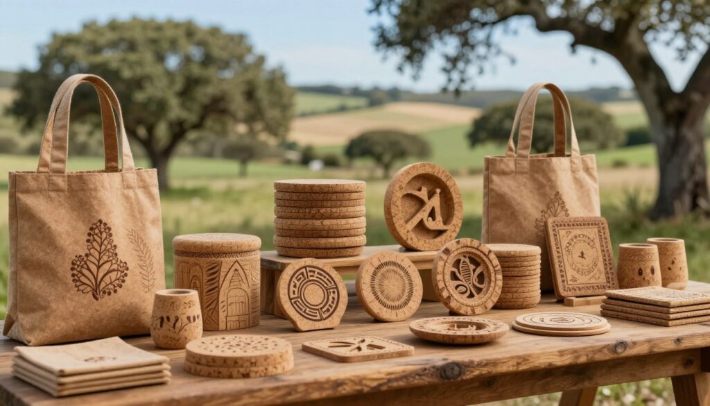 A beautifully arranged display of cork products, showcasing their eco-friendly essence. In the foreground, capture a variety of handcrafted cork items: tote bags, coasters, and decorative art pieces, all featuring intricate textures and natural patterns. The middle ground should feature a rustic wooden table with soft, warm lighting highlighting the natural tones of the cork. In the background, depict a glimpse of the lush Portuguese landscape, with rolling hills and cork oak trees under a clear blue sky. The atmosphere should feel inviting and authentic, with an emphasis on sustainability and artisan craftsmanship. Use a soft-focus lens effect to enhance the warmth and charm of this scene, creating a sense of tranquility and connection to nature. A beautifully arranged display of cork products, showcasing their eco-friendly essence. In the foreground, capture a variety of handcrafted cork items: tote bags, coasters, and decorative art pieces, all featuring intricate textures and natural patterns. The middle ground should feature a rustic wooden table with soft, warm lighting highlighting the natural tones of the cork. In the background, depict a glimpse of the lush Portuguese landscape, with rolling hills and cork oak trees under a clear blue sky. The atmosphere should feel inviting and authentic, with an emphasis on sustainability and artisan craftsmanship. Use a soft-focus lens effect to enhance the warmth and charm of this scene, creating a sense of tranquility and connection to nature.