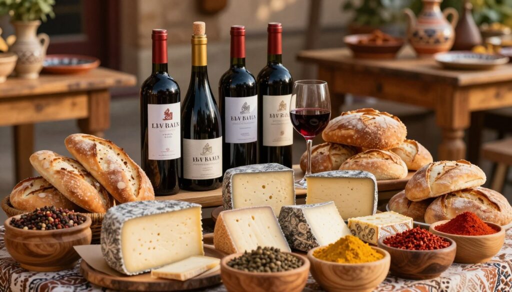 A beautifully arranged display of culinary treasures from Georgia, featuring a variety of vibrant local foods. In the foreground, a colorful assortment of traditional Georgian cheeses, freshly baked bread, and an array of spices in wooden bowls. The middle layer showcases a selection of fine Georgian wines in elegant bottles, with one bottle uncorked, revealing a glass filled with deep red wine. The background is softly blurred, featuring rustic wooden tables and traditional ceramic dishes, hinting at a warm, inviting atmosphere. The lighting is warm and natural, simulating golden hour, casting soft shadows and highlighting the textures of the food. The image evokes a sense of discovery and appreciation for the rich culinary heritage of Georgia.