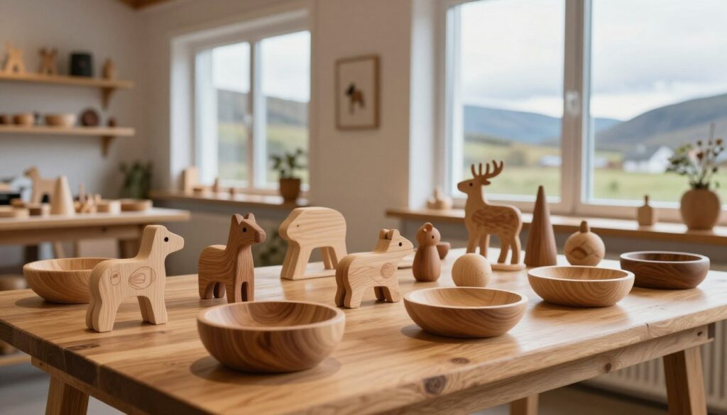 A beautifully arranged display of handcrafted wooden souvenirs inspired by Scandinavian design, showcasing a variety of artisanal pieces such as intricately carved animal figures, elegant bowls, and rustic toys. In the foreground, a polished wooden table holds these items, glistening under soft, warm lighting. The middle ground features a cozy, minimalist workshop with large windows, allowing natural light to flood in, highlighting the grain and texture of the woodwork. The background reveals a serene Scandinavian landscape, with gentle rolling hills and a soft, cloudy sky, enhancing the tranquil atmosphere of craftsmanship. The overall mood conveys a sense of warmth, creativity, and the soul of northern craftsmanship, emphasizing the beauty of simplicity and natural materials.