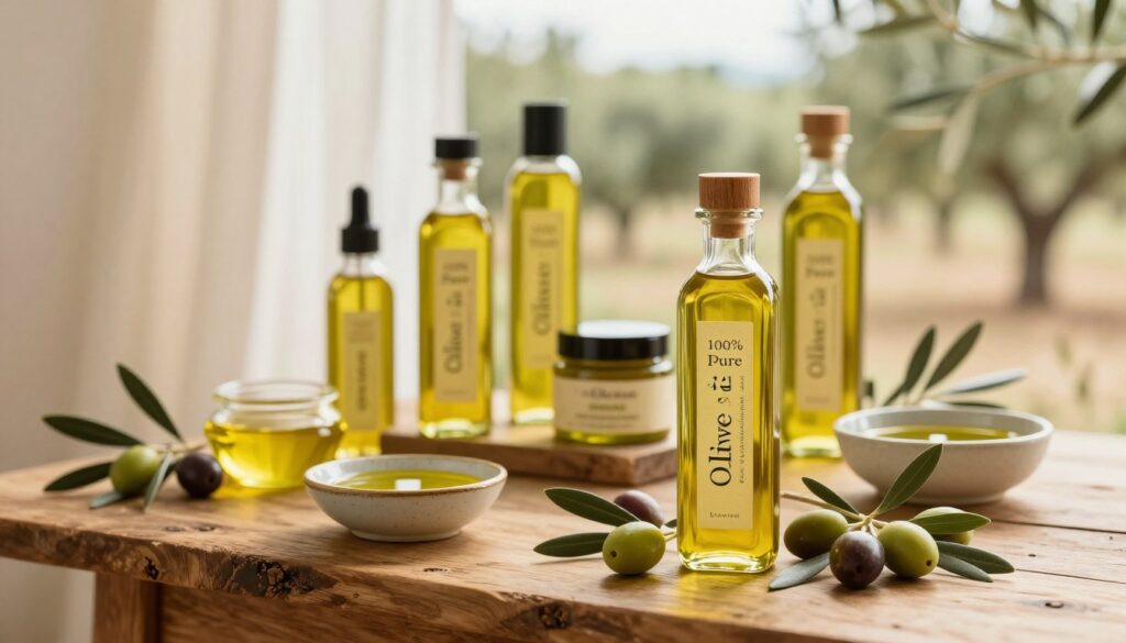 A beautifully arranged display of olive oil skincare products, featuring elegant glass bottles and jars showcasing their rich, golden-hued contents. The foreground includes a close-up of a bottle labeled "100% Pure Olive Oil" with a wooden cap, surrounded by small sprigs of fresh green olives and olive leaves, enhancing the natural essence. In the middle, a rustic wooden table is set with delicate ceramic bowls filled with olive oil, inviting textures and subtle color variations. The background showcases a soft, warm light filtering through sheer curtains, creating a cozy and inviting atmosphere. An artisanal feel is emphasized by a blurred view of olive orchards in the distance, illustrating the natural origin of the products. The overall mood is serene, emphasizing organic beauty and relaxation, perfect for a section on Spanish fashion and natural skincare.