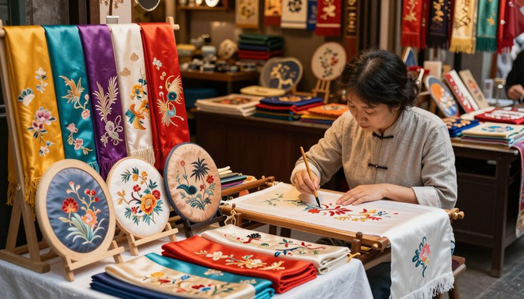 A beautifully arranged display of traditional Chinese silk products in a vibrant market setting. In the foreground, various colorful silk scarves and elegant silk embroidery pieces are artfully draped over wooden display stands, showcasing intricate designs and patterns. The middle ground features a skilled artisan, dressed in modest, professional attire, delicately painting traditional motifs on silk fabric with a brush. The background captures the ambiance of a bustling marketplace in Shanghai, with softly blurred shops displaying other handcrafted goods. Warm, natural lighting filters through, casting gentle shadows and creating a welcoming atmosphere. The overall mood is one of cultural richness and artisanal craftsmanship, reflecting the beauty and tradition of silk production in China.