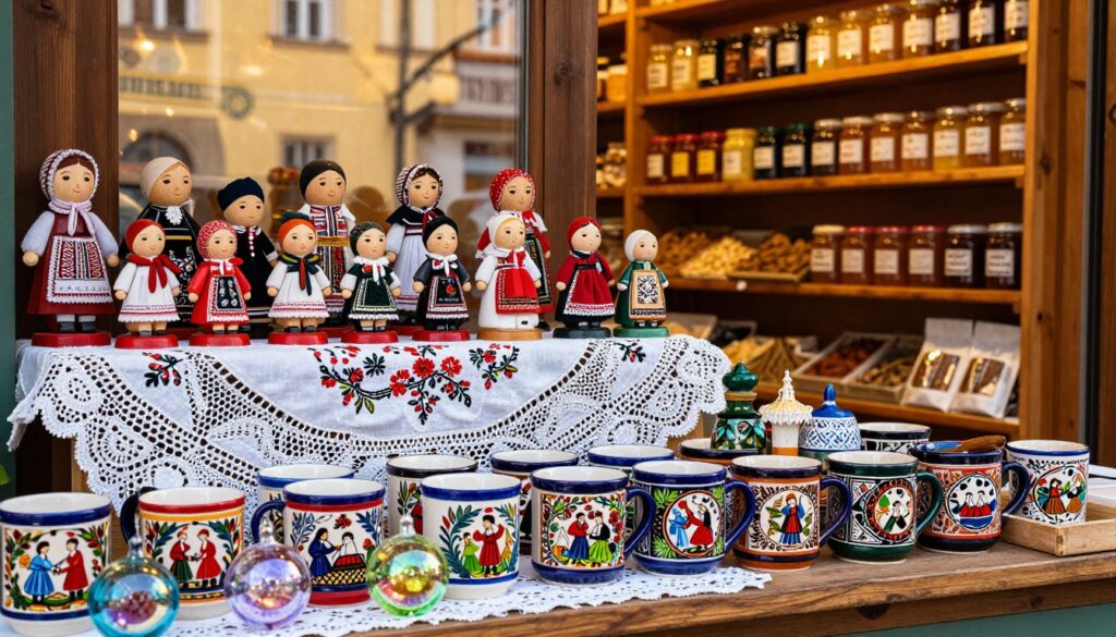 A beautifully arranged display of traditional Czech souvenirs in a quaint shop setting. In the foreground, showcase vibrant, hand-painted ceramic mugs adorned with folklore motifs, alongside delicate glass ornaments reflecting colorful light. The middle ground features artisanal wooden dolls and intricately designed lace tablecloths, emphasizing local craftsmanship. In the background, a soft golden light filters through a window, illuminating the shop's rustic wooden shelves lined with local delicacies such as honey jars and spices. The overall mood is warm and inviting, highlighting the charm and cultural richness of Prague. Use a wide-angle lens to capture the entirety of the scene with a focus on the textures and colors that convey the essence of Czech souvenirs.