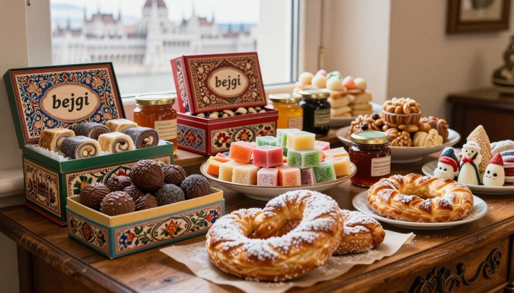 A beautifully arranged display of traditional Hungarian sweet souvenirs on an ornate wooden table, featuring colorful, intricately designed boxes of "bejgli" (poppy seed and walnut rolls), artisan chocolate truffles, and delicate marzipan figures shaped like local landmarks. In the foreground, a flaky "kürtőskalács" (chimney cake) dusted with powdered sugar, with a soft focus on its crispy texture. The middle layer showcases a vibrant selection of local pastries and candy, accompanied by small jars of honey and jams reflecting rich, warm colors. In the background, a softly lit window reveals glimpses of Budapest's iconic architecture, enhancing the cozy atmosphere. Soft, natural lighting highlights the textures of the sweets, creating an inviting and nostalgic mood. A beautifully arranged display of traditional Hungarian sweet souvenirs on an ornate wooden table, featuring colorful, intricately designed boxes of "bejgli" (poppy seed and walnut rolls), artisan chocolate truffles, and delicate marzipan figures shaped like local landmarks. In the foreground, a flaky "kürtőskalács" (chimney cake) dusted with powdered sugar, with a soft focus on its crispy texture. The middle layer showcases a vibrant selection of local pastries and candy, accompanied by small jars of honey and jams reflecting rich, warm colors. In the background, a softly lit window reveals glimpses of Budapest's iconic architecture, enhancing the cozy atmosphere. Soft, natural lighting highlights the textures of the sweets, creating an inviting and nostalgic mood.