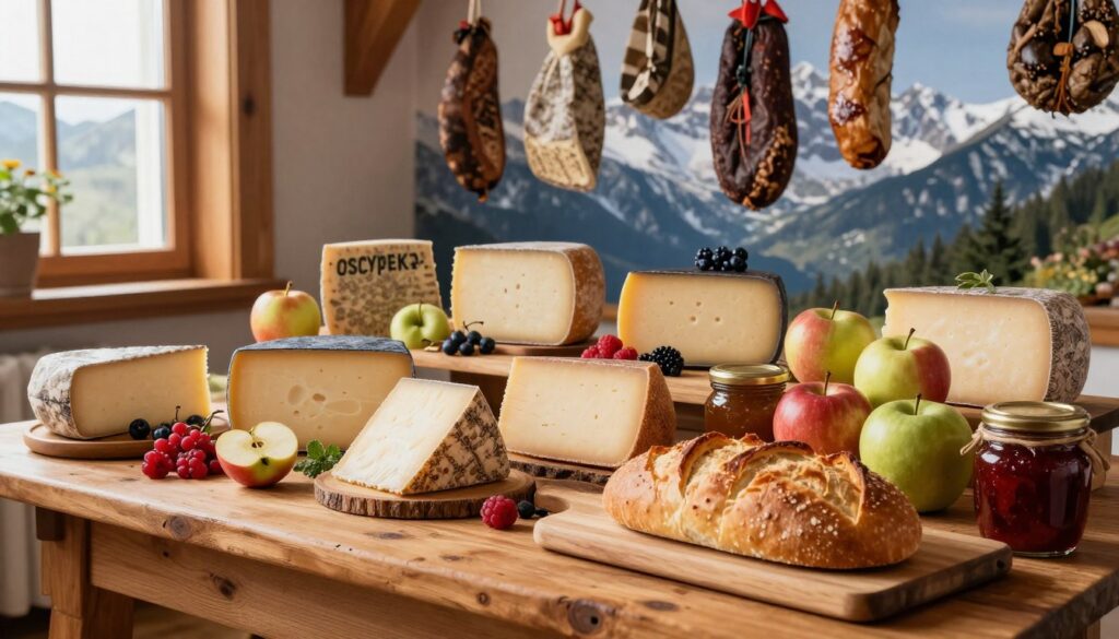 A beautifully arranged display of traditional Podhale regional delicacies, featuring a wooden table laden with various artisanal cheeses, such as oscypek and bundz, alongside vibrant, locally sourced fruits like apples and berries. In the foreground, include a rustic wooden cutting board with freshly baked, golden-brown bread and jars of homemade preserves. The middle ground showcases a selection of authentic cured meats hanging against a backdrop of the Tatra Mountains, their peaks dusted with snow. Soft, natural lighting pours in from a nearby window, creating a warm and inviting atmosphere, emphasizing the textures of the food. Capture this scene from a slightly elevated angle for depth, enhancing the inviting feel of traditional Podhale cuisine suitable for a culinary article. A beautifully arranged display of traditional Podhale regional delicacies, featuring a wooden table laden with various artisanal cheeses, such as oscypek and bundz, alongside vibrant, locally sourced fruits like apples and berries. In the foreground, include a rustic wooden cutting board with freshly baked, golden-brown bread and jars of homemade preserves. The middle ground showcases a selection of authentic cured meats hanging against a backdrop of the Tatra Mountains, their peaks dusted with snow. Soft, natural lighting pours in from a nearby window, creating a warm and inviting atmosphere, emphasizing the textures of the food. Capture this scene from a slightly elevated angle for depth, enhancing the inviting feel of traditional Podhale cuisine suitable for a culinary article.