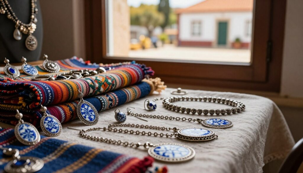 A beautifully arranged display of traditional Portuguese jewelry nestled among rich textured fabrics. In the foreground, showcase a collection of intricately designed silver filigree earrings and necklaces, adorned with vibrant blue and white azulejo-inspired patterns. The middle layer features colorful textiles, like woven blankets and table runners, enhancing the jewelry's brilliance. In the background, softly blurred, a window reveals a rustic Portuguese courtyard bathed in warm golden sunlight, casting gentle shadows. Utilize a shallow depth of field to create an intimate atmosphere, and capture this scene with natural, diffused lighting. The overall mood should evoke a warm and inviting ambiance that reflects the rich cultural heritage of Portugal. A beautifully arranged display of traditional Portuguese jewelry nestled among rich textured fabrics. In the foreground, showcase a collection of intricately designed silver filigree earrings and necklaces, adorned with vibrant blue and white azulejo-inspired patterns. The middle layer features colorful textiles, like woven blankets and table runners, enhancing the jewelry's brilliance. In the background, softly blurred, a window reveals a rustic Portuguese courtyard bathed in warm golden sunlight, casting gentle shadows. Utilize a shallow depth of field to create an intimate atmosphere, and capture this scene with natural, diffused lighting. The overall mood should evoke a warm and inviting ambiance that reflects the rich cultural heritage of Portugal.