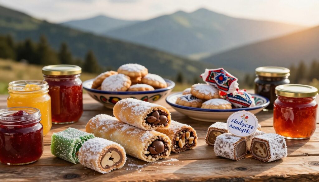 A beautifully arranged display of traditional Romanian sweets, known as "słodycze pamiątki," is set against a rustic wooden table. In the foreground, colorful confections like cozonac, a sweet bread filled with nuts and chocolate, are surrounded by vibrant fruit preserves in glass jars, showcasing their bright hues. In the middle ground, a hand-painted ceramic plate holds delicate cookies dusted with powdered sugar, and a few ornate wrappers hint at their heritage. The background features a softly blurred view of the Carpathian Mountains, bathed in warm golden light, creating an inviting and nostalgic atmosphere. The image should evoke a sense of wanderlust and the allure of Romanian culture, captured with a shallow depth of field and natural lighting that enhances the colors and textures of the sweets. A beautifully arranged display of traditional Romanian sweets, known as "słodycze pamiątki," is set against a rustic wooden table. In the foreground, colorful confections like cozonac, a sweet bread filled with nuts and chocolate, are surrounded by vibrant fruit preserves in glass jars, showcasing their bright hues. In the middle ground, a hand-painted ceramic plate holds delicate cookies dusted with powdered sugar, and a few ornate wrappers hint at their heritage. The background features a softly blurred view of the Carpathian Mountains, bathed in warm golden light, creating an inviting and nostalgic atmosphere. The image should evoke a sense of wanderlust and the allure of Romanian culture, captured with a shallow depth of field and natural lighting that enhances the colors and textures of the sweets.