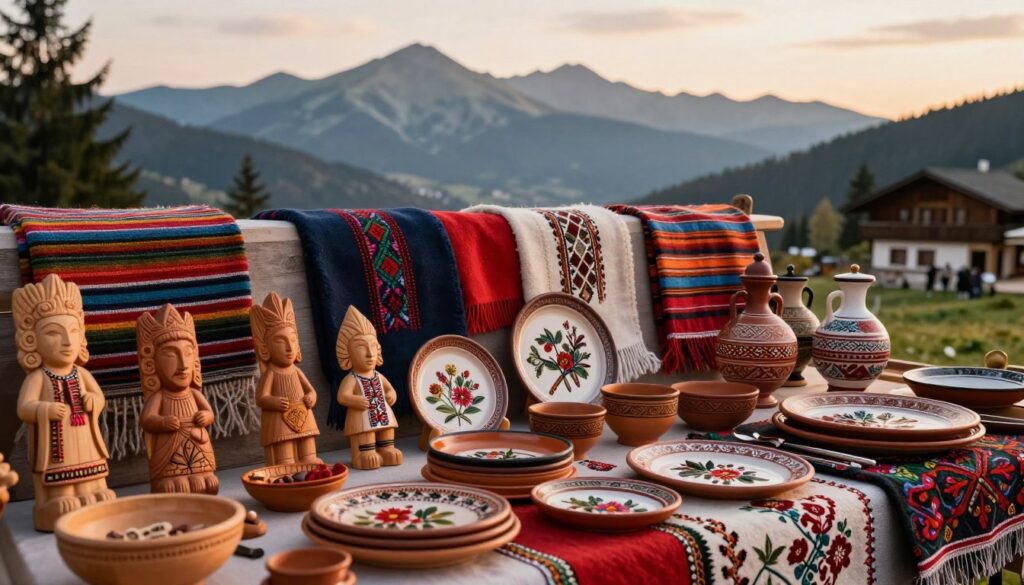A beautifully arranged display of unique souvenirs from Zakopane, highlighting regional craftsmanship. In the foreground, showcase a selection of handmade wooden carvings, intricate pottery, and traditional folk art, all exuding a rustic charm. The middle ground features colorful, woven textiles like blankets and scarves, each pattern reflecting local culture. In the background, a scenic view of the Tatra Mountains under soft, warm golden hour lighting enhances the serene atmosphere. The composition should be crisp and inviting, captured from a slightly elevated angle to give depth. A tranquil, nostalgic mood pervades the scene, evoking the essence of preserving memories without resorting to commercial trinkets. A beautifully arranged display of unique souvenirs from Zakopane, highlighting regional craftsmanship. In the foreground, showcase a selection of handmade wooden carvings, intricate pottery, and traditional folk art, all exuding a rustic charm. The middle ground features colorful, woven textiles like blankets and scarves, each pattern reflecting local culture. In the background, a scenic view of the Tatra Mountains under soft, warm golden hour lighting enhances the serene atmosphere. The composition should be crisp and inviting, captured from a slightly elevated angle to give depth. A tranquil, nostalgic mood pervades the scene, evoking the essence of preserving memories without resorting to commercial trinkets.