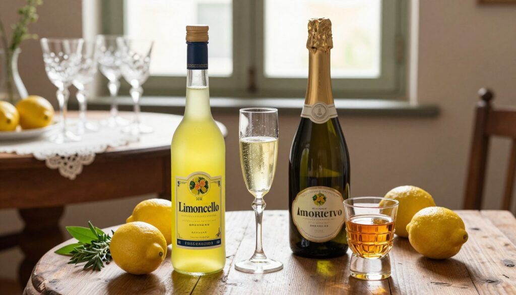A beautifully arranged still life featuring traditional Venetian spirits, such as a bottle of Limoncello, Prosecco, and a glass of Amaretto. In the foreground, the bottle of Limoncello is vibrant yellow, surrounded by fresh lemons and herbs. The Prosecco bottle, elegantly designed, stands beside a sparkling flute filled with its effervescent contents, catching the light. In the background, a rustic wooden table is adorned with intricate Murano glassware and Venetian lace, softly illuminated by warm, natural light filtering through a nearby window, creating a cozy atmosphere. The overall mood is inviting and authentic, reflecting the essence of Venetian culture and craftsmanship, perfect for highlighting traditional local beverages. A beautifully arranged still life featuring traditional Venetian spirits, such as a bottle of Limoncello, Prosecco, and a glass of Amaretto. In the foreground, the bottle of Limoncello is vibrant yellow, surrounded by fresh lemons and herbs. The Prosecco bottle, elegantly designed, stands beside a sparkling flute filled with its effervescent contents, catching the light. In the background, a rustic wooden table is adorned with intricate Murano glassware and Venetian lace, softly illuminated by warm, natural light filtering through a nearby window, creating a cozy atmosphere. The overall mood is inviting and authentic, reflecting the essence of Venetian culture and craftsmanship, perfect for highlighting traditional local beverages.