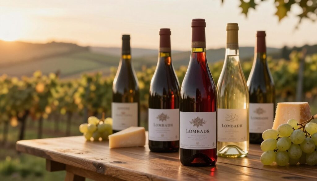 A beautifully arranged still-life of fine wines from the Lombardy region, showcasing a variety of elegant wine bottles with distinctive labels. In the foreground, feature a bottle of red wine with rich hues of deep garnet, its curves reflecting soft, warm light. Next to it, a bottle of white wine glimmers in golden tones. Surround the bottles with fresh grapes and rustic cheese, hinting at Italian culinary delights. In the middle ground, a chic wooden table enhances the sophisticated ambiance. The background features a softly blurred view of the picturesque Lombardy countryside, with rolling hills and vineyards bathed in the golden glow of sunset. Capture this serene atmosphere with soft, diffused lighting that evokes warmth and elegance. The angle should be slightly elevated, creating depth and inviting the viewer into this delectable scene.