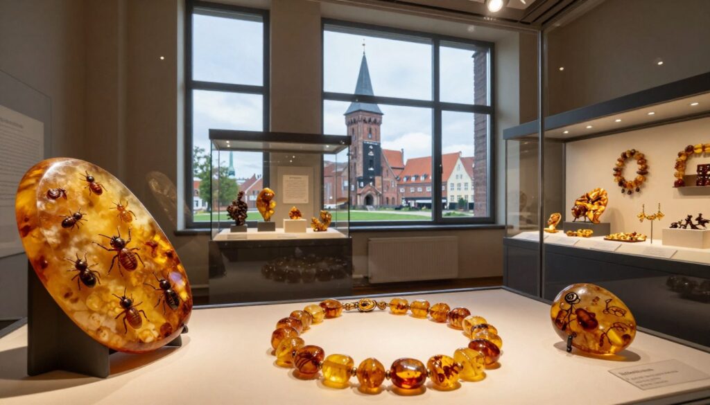 A beautifully designed interior of the Muzeum Bursztynu (Amber Museum) in Gdańsk, showcasing exquisite displays of amber artifacts, including large pieces of amber with embedded insects and jewelry. In the foreground, an elegantly crafted amber necklace glimmers under soft, warm lighting. The middle ground features glass display cases filled with intricately carved amber sculptures and decorations, highlighting their detail. The background displays large windows with views of the historic Great Mill (Wielki Młyn) against a bright, clear sky. The atmosphere is inviting and educational, with a sense of history and craftsmanship. Use a wide-angle lens for a dynamic perspective and set the lighting to create a warm and captivating ambiance, emphasizing the allure of amber and its natural beauty. A beautifully designed interior of the Muzeum Bursztynu (Amber Museum) in Gdańsk, showcasing exquisite displays of amber artifacts, including large pieces of amber with embedded insects and jewelry. In the foreground, an elegantly crafted amber necklace glimmers under soft, warm lighting. The middle ground features glass display cases filled with intricately carved amber sculptures and decorations, highlighting their detail. The background displays large windows with views of the historic Great Mill (Wielki Młyn) against a bright, clear sky. The atmosphere is inviting and educational, with a sense of history and craftsmanship. Use a wide-angle lens for a dynamic perspective and set the lighting to create a warm and captivating ambiance, emphasizing the allure of amber and its natural beauty.
