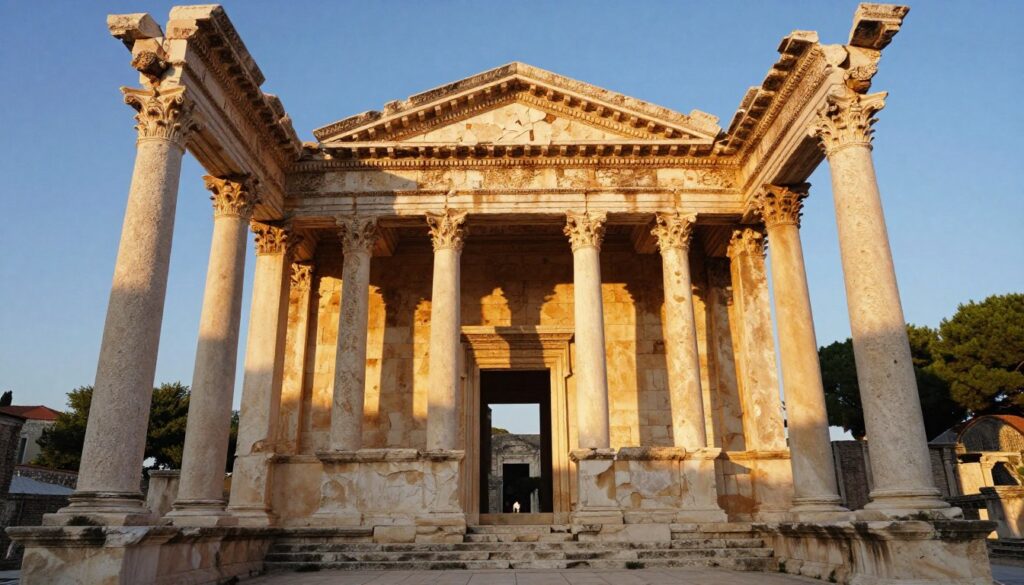 A beautifully restored view of the Temple of Jupiter in Split, showcasing its ancient Roman architecture and rich heritage. In the foreground, intricately carved stone columns rise majestically, adorned with classical motifs. The middle ground features the temple’s grand entrance, with sunlight casting dramatic shadows, highlighting the weathered textures of the stone. In the background, soft blue skies contrast with the warm tones of the temple, while lush greenery peeks through the ancient ruins, adding to the ambiance of a serene historical site. Capture this scene during the golden hour for warm, golden lighting that enhances the temple’s grandeur, viewed from a low angle to emphasize its height and importance. The mood is tranquil yet awe-inspiring, inviting viewers to appreciate the beauty of Roman heritage.