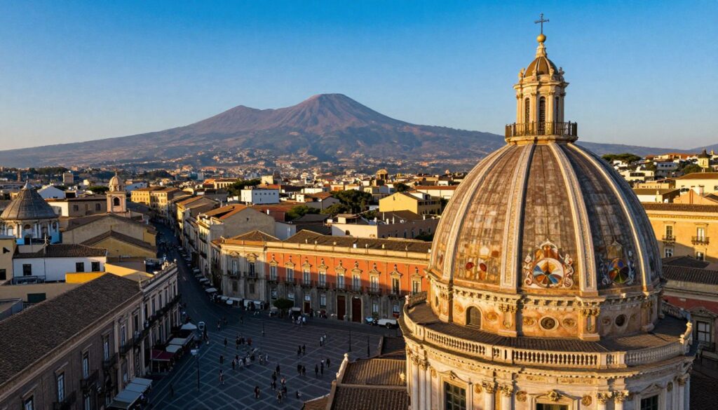 A breathtaking aerial view from the dome of Badia di Sant’Agata in Catania, capturing the rich baroque architecture below. In the foreground, the ornate details of the dome's interior are visible, adorned with intricate frescoes and golden accents. The middle ground showcases the vibrant piazza bustling with locals and tourists, framed by historic buildings with colorful facades. In the background, the majestic silhouette of Mount Etna rises against a clear blue sky, hinting at the volcanic beauty that dominates the region. The warm, golden light of the afternoon sun bathes the scene, creating a lively and inviting atmosphere. The angle emphasizes the sweeping landscape, drawing the viewer into the heart of Sicily's culture and charm. A breathtaking aerial view from the dome of Badia di Sant’Agata in Catania, capturing the rich baroque architecture below. In the foreground, the ornate details of the dome's interior are visible, adorned with intricate frescoes and golden accents. The middle ground showcases the vibrant piazza bustling with locals and tourists, framed by historic buildings with colorful facades. In the background, the majestic silhouette of Mount Etna rises against a clear blue sky, hinting at the volcanic beauty that dominates the region. The warm, golden light of the afternoon sun bathes the scene, creating a lively and inviting atmosphere. The angle emphasizes the sweeping landscape, drawing the viewer into the heart of Sicily's culture and charm.