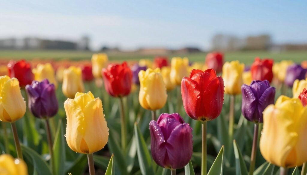 A breathtaking arrangement of vibrant tulips in various colors—red, yellow, and purple—set against a soft, blurred background of a Dutch countryside landscape. In the foreground, delicate petals glisten with morning dew, catching the gentle sunlight, creating a lively, fresh atmosphere. The middle ground features lush green leaves framing the tulips, enhancing their vivid hues while soft shadows add depth. In the background, rolling fields dotted with more tulips under a clear blue sky evoke a serene and cheerful mood, symbolizing a living memory of travel. Shot with a macro lens to capture intricate details, the lighting is warm and inviting, illuminating the scene beautifully.
