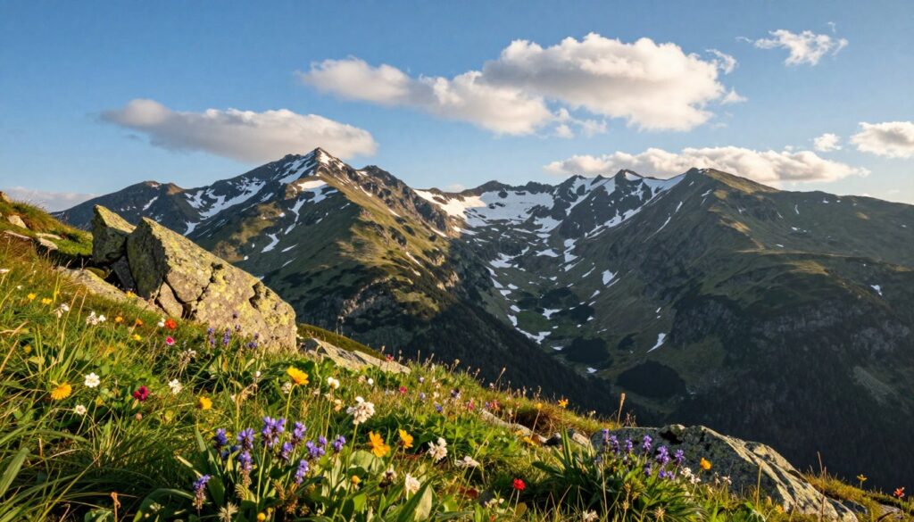 A breathtaking landscape of Szrenica Mountain and the Snowy Pits, nestled in the heart of the Karkonosze range. In the foreground, vibrant alpine flora, such as colorful wildflowers and lush greenery, complements the rocky outcrops. The middle ground features the iconic peaks of Szrenica, with patches of snow clinging to their slopes, bathed in warm, golden sunlight. A crisp, clear blue sky with fluffy white clouds enhances the serene atmosphere. In the background, the mysterious Snowy Pits form deep, dramatic valleys that evoke a sense of adventure. Capture this stunning vista from a slightly elevated angle to emphasize the majestic scale of the mountains, creating a peaceful yet awe-inspiring mood that invites exploration.