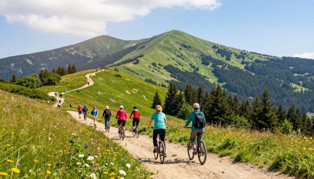 A breathtaking panorama of Łysa Góra, showcasing its lush greenery and rolling hills under a bright blue sky. In the foreground, depict a serene and well-maintained hiking trail, lined with vibrant wildflowers and tall grasses. In the middle ground, illustrate diverse groups of people engaging in outdoor activities like hiking and cycling, clad in colorful modest clothing, reflecting an active and healthy lifestyle. The background should feature the majestic forested slopes of Łysa Góra, gradually ascending to its peak, with soft sunlight filtering through the branches, creating a warm and inviting atmosphere. Capture this scene with a wide-angle lens to emphasize the expansive landscape, ensuring the image conveys a sense of adventure and tranquility.
