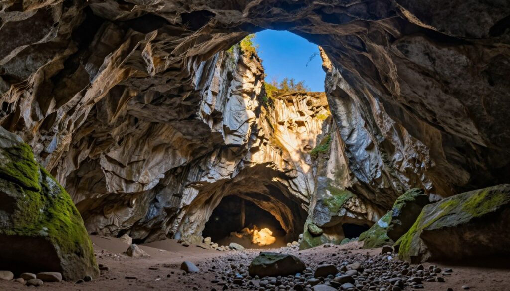 A breathtaking view of Jaskinia Prohodna, showcasing the stunning limestone rock formations and cavernous entrances. In the foreground, a natural stone arch frames the scene, adorned with green moss and scattered pebbles. The middle ground reveals the vast open cavern, with dramatic shadows highlighting the intricate textures of the cave walls. The background features soaring cliffs and a deep blue sky peeking through the arch, illuminated by soft, golden sunlight filtering down into the cavern. The atmosphere is mystical and serene, evoking a sense of wonder and adventure, perfect for exploring the secrets of caves and rock formations. Capture this scene from a slightly low angle to emphasize the grandeur of the cave entrance, creating a captivating depth and perspective.