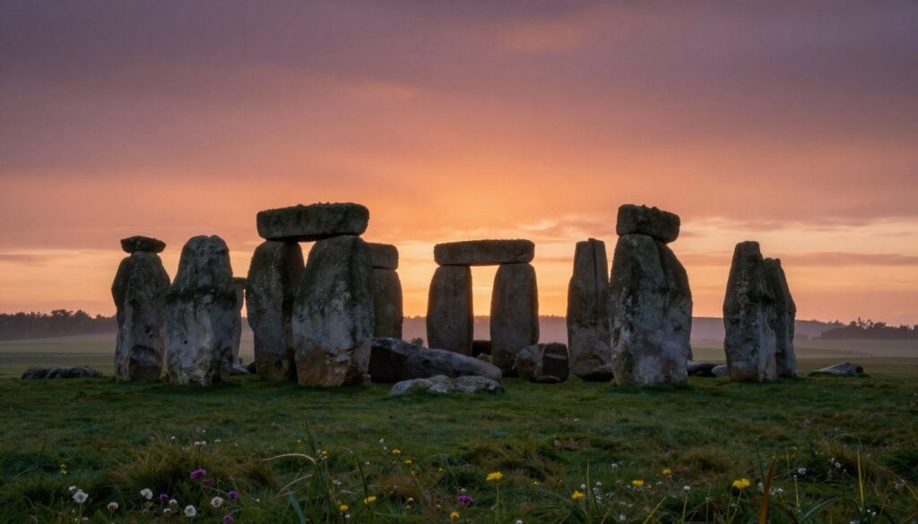 A breathtaking view of Stonehenge at dusk, with the monolithic stones rising dramatically against a vibrant orange and purple sky. In the foreground, scattered wildflowers and the lush green grass create a serene atmosphere. The middle ground features the iconic stone circle, with intricate textures and shadows highlighting their ancient weathered surfaces. In the background, rolling hills fade into the distance, framed by a soft, hazy mist that adds a sense of mystery and antiquity to the scene. Use a wide-angle lens to capture the grandeur of Stonehenge and its environment, with warm, diffused lighting that evokes a feeling of wonder and historical intrigue. The overall mood is tranquil yet enigmatic, inviting the viewer to ponder the ancient secrets of this fascinating prehistoric site.