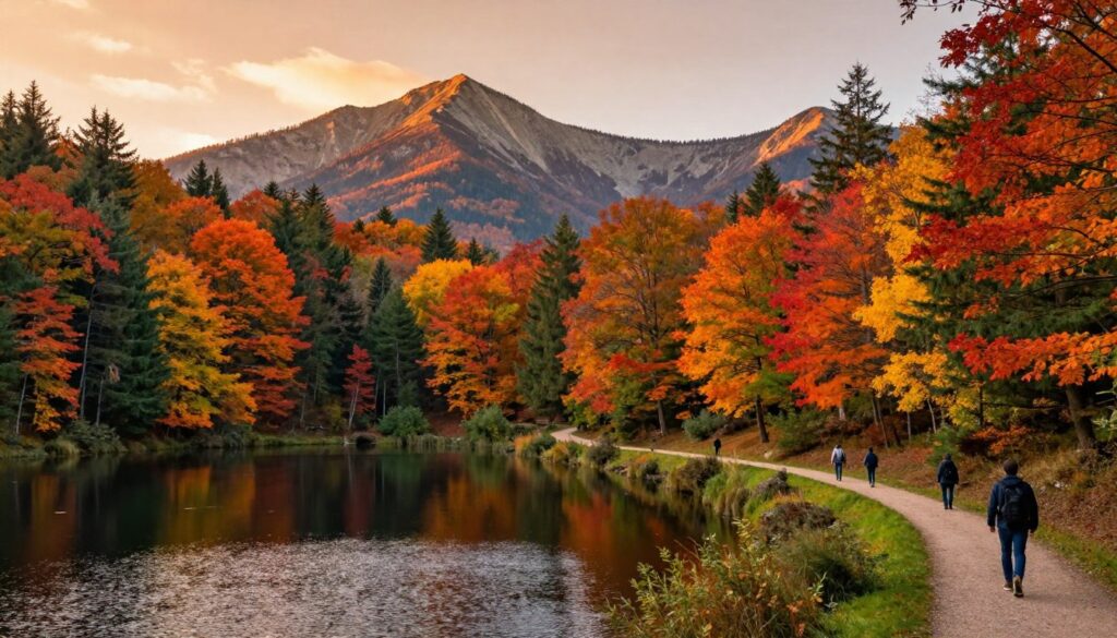 A breathtaking view of a Polish national park during autumn, showcasing vibrant foliage in shades of orange, red, and yellow. In the foreground, a serene lake reflects the colorful trees, surrounded by lush greenery. A winding trail cuts through the middle of the scene, inviting hikers dressed in modest casual clothing to explore the natural beauty. Towering mountains rise majestically in the background, their peaks kissed by soft sunlight. The sky is a gradient of warm hues, indicating sunset, creating a tranquil and inviting atmosphere. The image should capture the essence of active recreation in nature, with an emphasis on harmony and exploration, using natural lighting to enhance the colors and details. The angle should be slightly elevated for a comprehensive view. A breathtaking view of a Polish national park during autumn, showcasing vibrant foliage in shades of orange, red, and yellow. In the foreground, a serene lake reflects the colorful trees, surrounded by lush greenery. A winding trail cuts through the middle of the scene, inviting hikers dressed in modest casual clothing to explore the natural beauty. Towering mountains rise majestically in the background, their peaks kissed by soft sunlight. The sky is a gradient of warm hues, indicating sunset, creating a tranquil and inviting atmosphere. The image should capture the essence of active recreation in nature, with an emphasis on harmony and exploration, using natural lighting to enhance the colors and details. The angle should be slightly elevated for a comprehensive view.