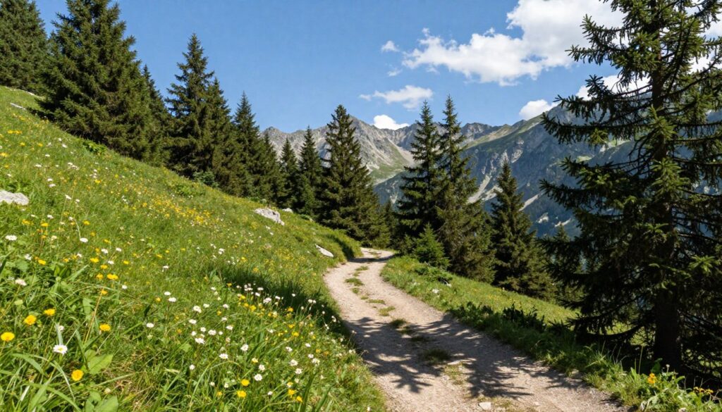 A breathtaking view of a mountain trail in Bulgaria, showcasing lush greenery and wildflowers in the foreground, inviting the viewer to explore. The middle ground features a winding path that leads through towering pine trees, with hints of rocky peaks in the distance. In the background, majestic mountains rise under a clear blue sky with wispy clouds, creating a sense of serenity and adventure. The sunlight filters through the trees, casting dappled shadows on the trail, creating a warm and inviting atmosphere. The scene captures the beauty of Bulgaria's natural landscapes, emphasizing the tranquility and allure of hiking in the mountainous regions. The composition is shot at a slightly elevated angle to highlight the depth and majesty of the terrain.