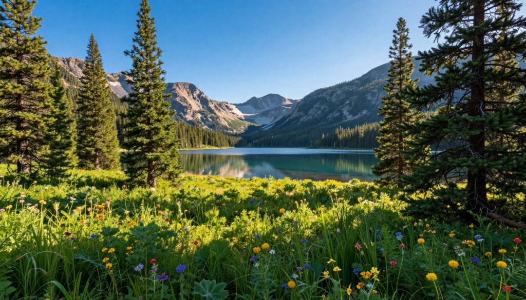 A breathtaking view of a national park in the USA, showcasing a lush green landscape filled with towering pine trees and colorful wildflowers in the foreground. In the middle ground, a serene lake reflects the vibrant blue sky, framed by majestic mountains in the distance. Soft sunlight filters through the trees, casting gentle shadows and creating a warm, inviting atmosphere. The mood is tranquil and awe-inspiring, bringing forth a sense of wonder at the beauty of nature. The scene captures the essence of America's natural treasures, with perfect clarity and rich colors, as if viewed through a wide-angle lens, inviting viewers into this picturesque wilderness.