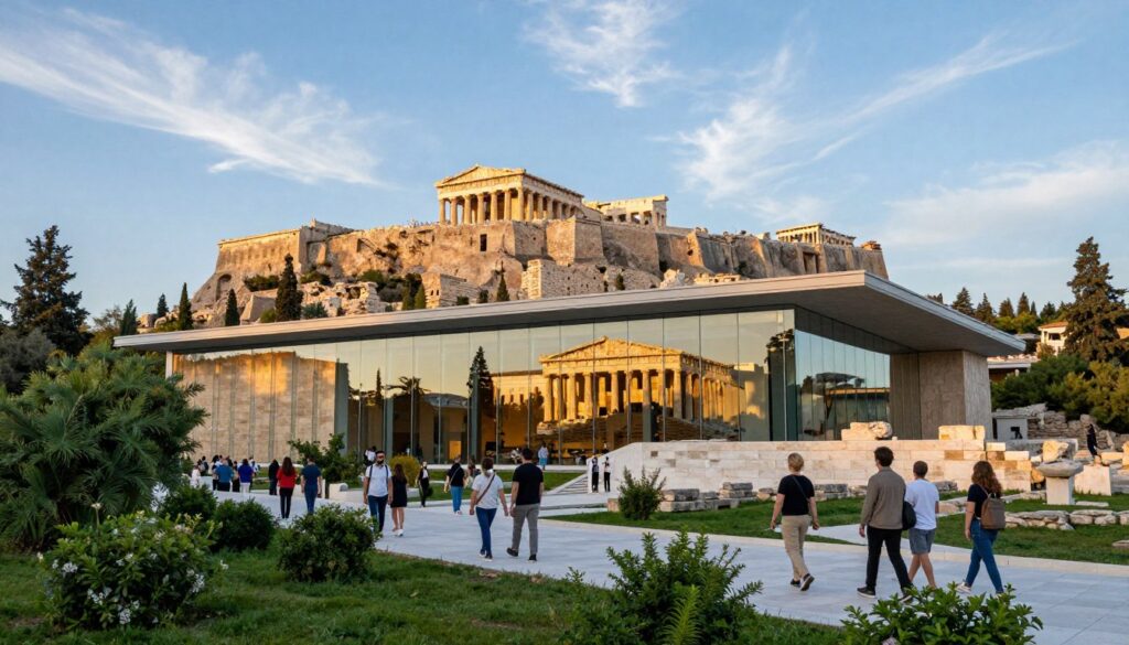 A breathtaking view of the Acropolis Museum in Athens, Greece, showcasing its modern architectural design juxtaposed against the ancient ruins of the Acropolis in the background. In the foreground, vibrant greenery flourishes, with visitors dressed in casual, modest clothing exploring the area, reflecting the lively atmosphere of both history and contemporary life. The middle ground features the museum's glass façade, elegantly reflecting the ancient Parthenon, beautifully illuminated by soft, golden sunlight during the golden hour, casting gentle shadows. The scene captures a clear blue sky with wispy clouds, creating a serene mood that invites viewers to experience the harmony between ancient history and modern-day Athens. Use a wide-angle lens to encapsulate the grandeur of the location.