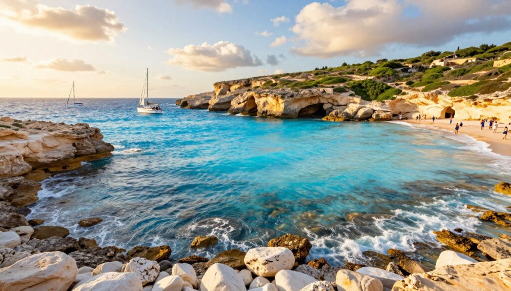 A breathtaking view of the Blue Lagoon in Comino, Malta, showcasing the stunning turquoise waters surrounded by rocky cliffs. In the foreground, gentle waves lap against smooth white stones, inviting a sense of tranquility. The middle ground features sailboats anchored, their sails billowing softly in the warm breeze, while small groups of tourists in modest beach attire enjoy the scene. In the background, lush greenery crowns the cliffs that rise dramatically from the sea, bathed in the golden glow of a late afternoon sun. Light filters through fluffy white clouds, creating a serene atmosphere. The image is shot with a wide-angle lens from a slightly elevated perspective, emphasizing the lagoon's vibrant colors and the natural beauty of the landscape, evoking a sense of peaceful escape.