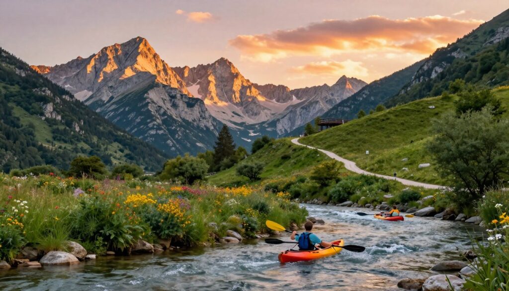 A breathtaking view of the Pieniny Mountains, showcasing their majestic peaks and lush greenery. In the foreground, a serene river flows gently, with a couple of kayakers wearing modest casual clothing paddling through, enjoying the active leisure experience. The midground features vibrant wildflowers and a well-trodden hiking trail that curves up the mountainside, while a nearby lookout point offers a panoramic vista. The background consists of towering limestone cliffs bathed in warm, golden sunlight during the golden hour, with the sky painted in soft pastel hues of orange and pink. The atmosphere conveys tranquility and adventure, inviting the viewer to experience the beauty of nature in this idyllic setting. Capture this scene with a wide-angle lens to emphasize the vastness of the landscape and the joy of outdoor activities. A breathtaking view of the Pieniny Mountains, showcasing their majestic peaks and lush greenery. In the foreground, a serene river flows gently, with a couple of kayakers wearing modest casual clothing paddling through, enjoying the active leisure experience. The midground features vibrant wildflowers and a well-trodden hiking trail that curves up the mountainside, while a nearby lookout point offers a panoramic vista. The background consists of towering limestone cliffs bathed in warm, golden sunlight during the golden hour, with the sky painted in soft pastel hues of orange and pink. The atmosphere conveys tranquility and adventure, inviting the viewer to experience the beauty of nature in this idyllic setting. Capture this scene with a wide-angle lens to emphasize the vastness of the landscape and the joy of outdoor activities.
