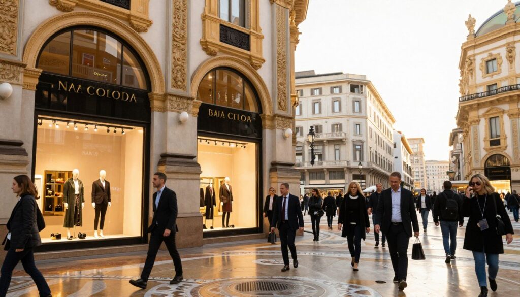 A bustling luxury shopping street in Milan, showcasing high-end boutiques and designer stores. In the foreground, well-dressed shoppers in professional business attire admire exquisite window displays featuring stylish clothing and accessories. The middle ground captures elegant storefronts with ornate architecture and chic signage, bathed in soft, golden sunlight typical of a late afternoon. The background reveals a hint of Milan’s iconic historical buildings, adding an authentic urban context. Using a wide-angle lens to emphasize the vibrancy of the fashion district, the image should evoke a mood of sophistication and elegance. The overall atmosphere is lively yet refined, capturing the essence of Milanese fashion culture.
