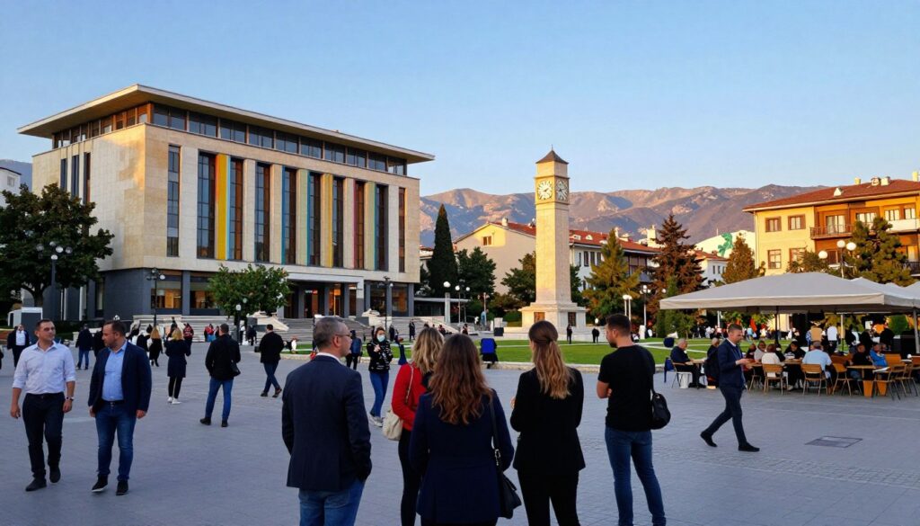 A bustling scene of Tirana's vibrant city center during golden hour, showcasing the modern architecture of the National Museum of History with its bold, colorful facade and nearby Skanderbeg Square bustling with people. In the foreground, a diverse group of individuals dressed in smart casual attire gather, capturing the city’s dynamic atmosphere. The middle ground features the iconic clock tower and green spaces, while modern cafes buzz with activity. The background showcases the Albanian mountains under a clear blue sky, reflecting the harmony between urban life and nature. The image should convey a lively and welcoming mood, using soft, warm lighting to enhance the feeling of community and culture in the heart of Albania.